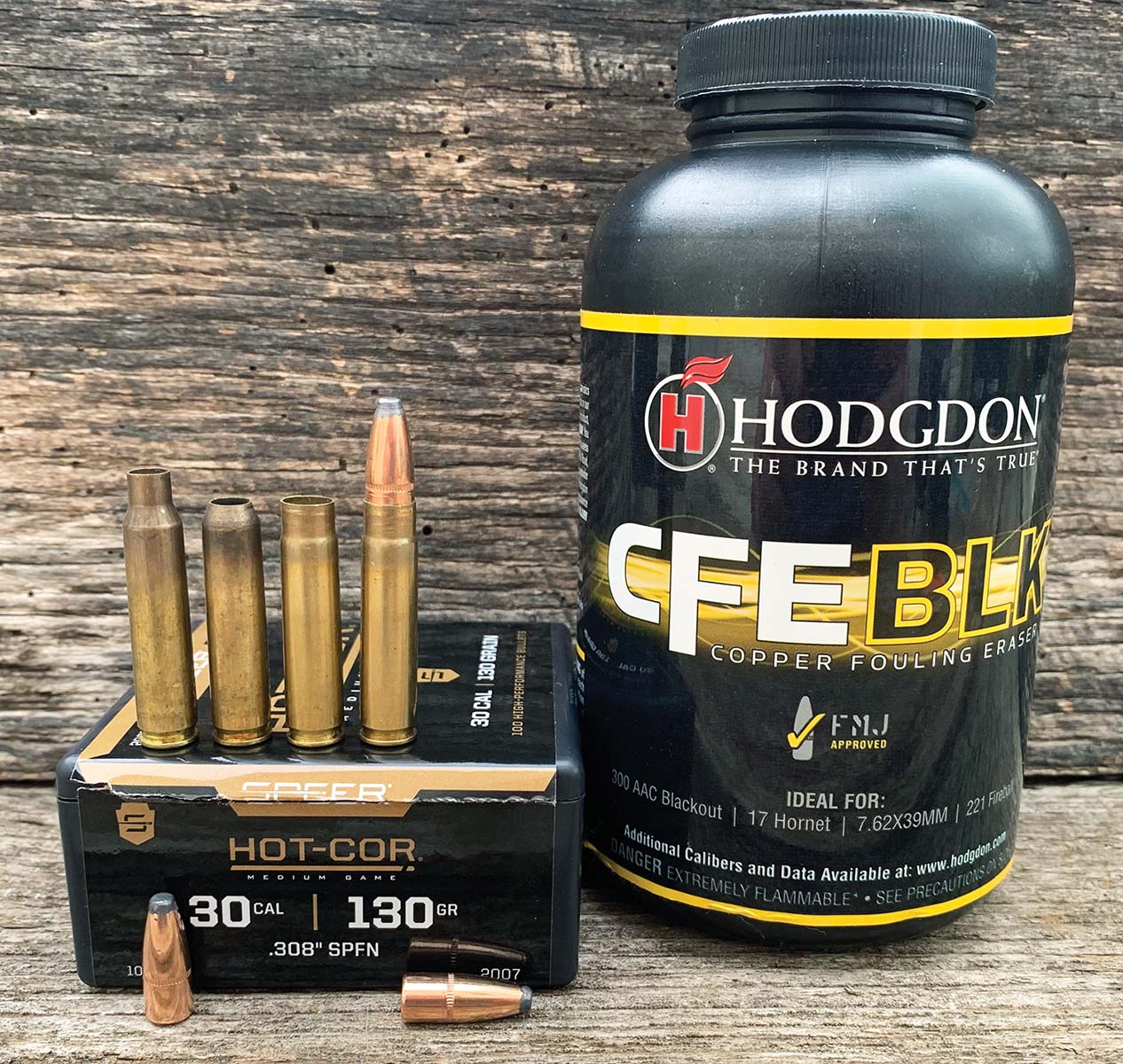 The easy steps (left to right) to making your own 300 HAM’R cartridges from 223/5.56 brass.